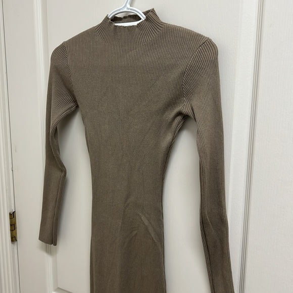 Maxi Mock Neck Long Sleeve Sweater Dress with Slit | Size S Light Brown - Picture 2 of 7